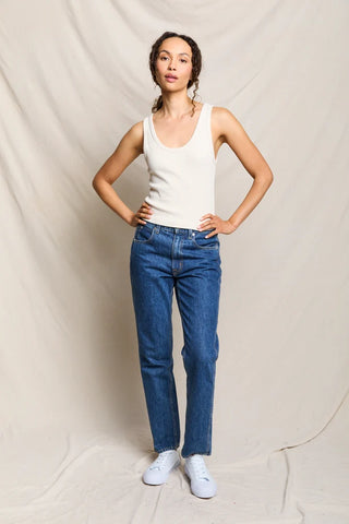 Perfect White Tee Blondie Structured Rib Bra Friendly Tank Sugar. Model is posing in the top.