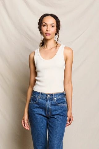 Perfect White Tee Blondie Structured Rib Bra Friendly Tank Sugar. Model is posing in the top.