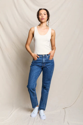 Perfect White Tee Blondie Structured Rib Bra Friendly Tank Sugar. Model is posing in the top.