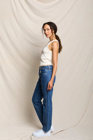 Perfect White Tee Blondie Structured Rib Bra Friendly Tank Sugar. Model is posing in the top.