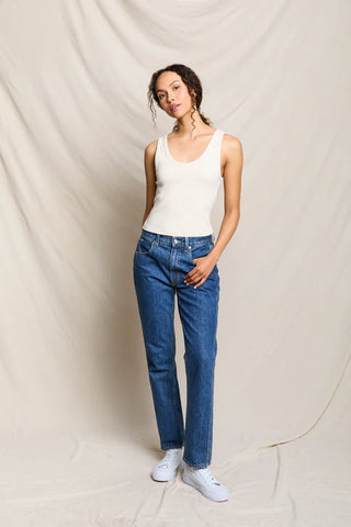 Perfect White Tee Blondie Structured Rib Bra Friendly Tank Sugar. Model is wearing product.
