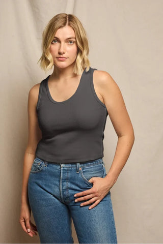 Perfect White Tee Blondie Structured Rib Bra Friendly Tank Vintage Black. Model is wearing product. 