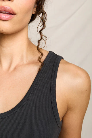 Perfect White Tee Blondie Structured Rib Bra Friendly Tank Vintage Black. Model is wearing product. 