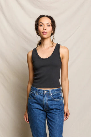 Perfect White Tee Blondie Structured Rib Bra Friendly Tank Vintage Black. Model is wearing product. 