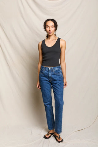 Perfect White Tee Blondie Structured Rib Bra Friendly Tank Vintage Black. Model is wearing product. 