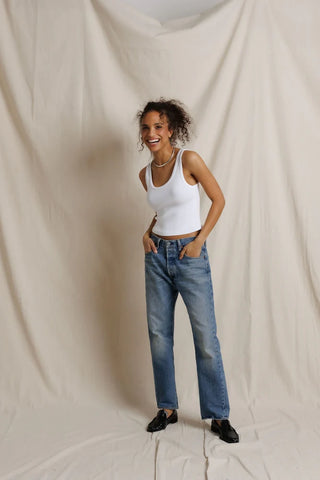 Perfect White Tee Blondie Structured Rib Bra Friendly Tank White. Model is posing in product.