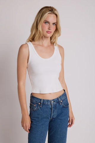 Perfect White Tee Blondie Structured Rib Bra Friendly Tank White. Model is posing in product.