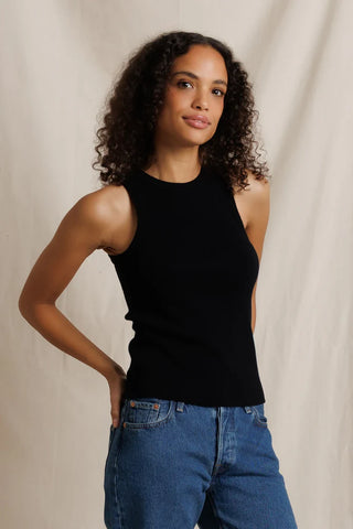 Perfect White Tee Daphne Structured Rib High Neck Tank True Black. Model is wearing the top and image is being shot on white background. 