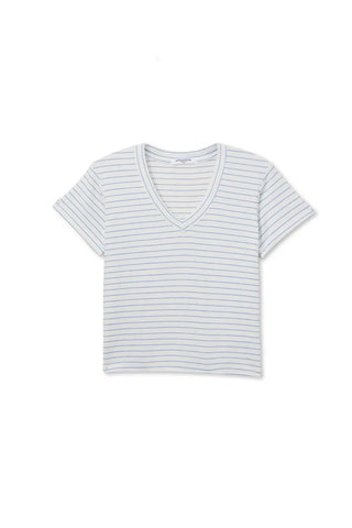 Perfect White Tee Elliot Brushed Sweater Strip V Neck Tee Pacific Stripe. Product is shot on a white background. 