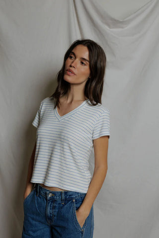Perfect White Tee Elliot Brushed Sweater Strip V Neck Tee Pacific Stripe. Model is wearing the top and the photo is a bit more zoomed in. 