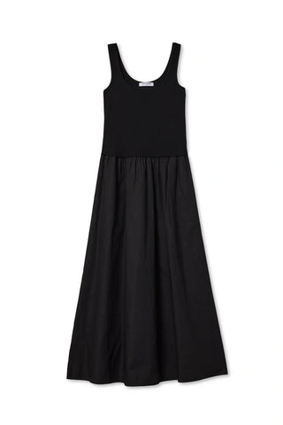 Perfect White Tee Fabiola Cotton Poplin Sleeveless Dress True Black. Product is shot on white background. 