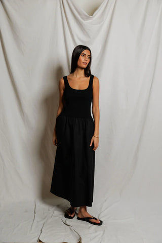 Perfect White Tee Fabiola Cotton Poplin Sleeveless Dress True Black. Model is wearing the dress and image is shot on white background. 