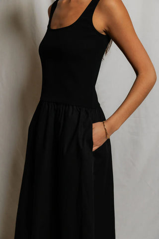 Perfect White Tee Fabiola Cotton Poplin Sleeveless Dress True Black. Model is wearing the dress and image is shot up close on white background. 
