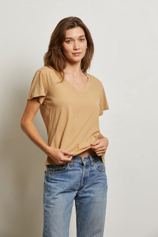 Perfect White Tee Hendrix Cotton Boxy V-Neck Tee Suede model is wearing