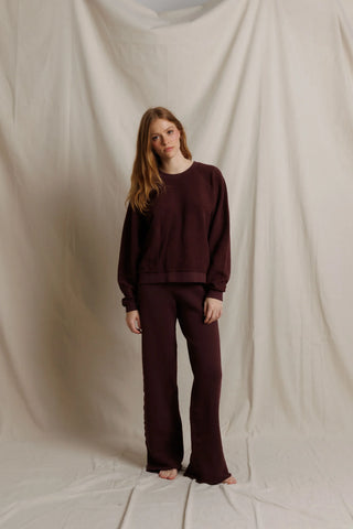 Perfect White Tee Marley Inside Out Fleece Pants Cherry Lacquer. Model is wearing product.