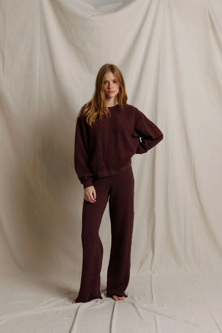 Perfect White Tee Marley Inside Out Fleece Pants Cherry Lacquer. Model is wearing product.