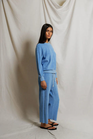 Perfect White Tee Saylor Loop Terry Sweatshirt Pacific Blue. Model is posing on white background wearing the product. 