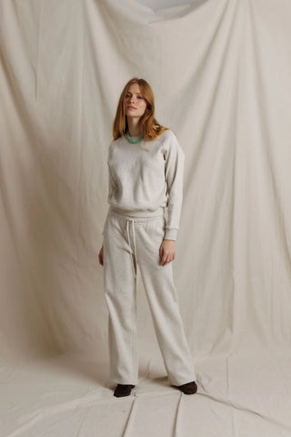 Perfect White Tee Zadie Waffle Knit Pant Oatmeal. Model is wearing the product.