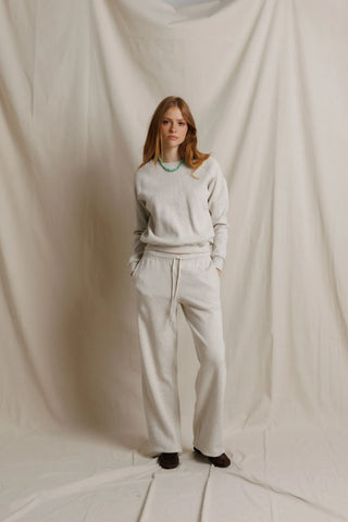 Perfect White Tee Zadie Waffle Knit Pant Oatmeal. Model is wearing the product.