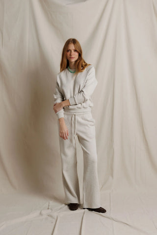 Perfect White Tee Zadie Waffle Knit Pant Oatmeal. Model is wearing product. 