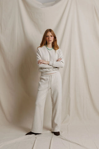 Perfect White Tee Zadie Waffle Knit Pant Oatmeal. Model is wearing product. 