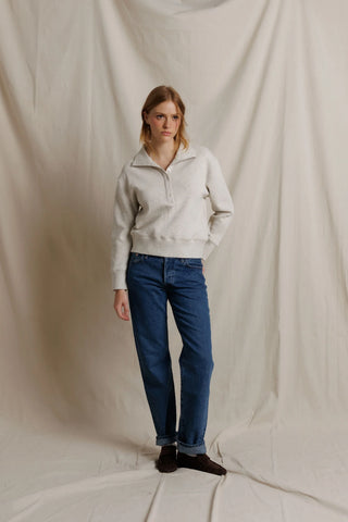 Perfect White Tee Zia Waffle Knit Popover Pullover Oatmeal. Model is posing in product. 