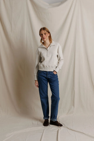 Perfect White Tee Zia Waffle Knit Popover Pullover Oatmeal. Model is posing in product. 