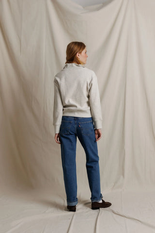 Perfect White Tee Zia Waffle Knit Popover Pullover Oatmeal. Model is posing in product. 