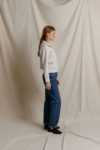 Perfect White Tee Zia Waffle Knit Popover Pullover Oatmeal. Model is posing in product. 