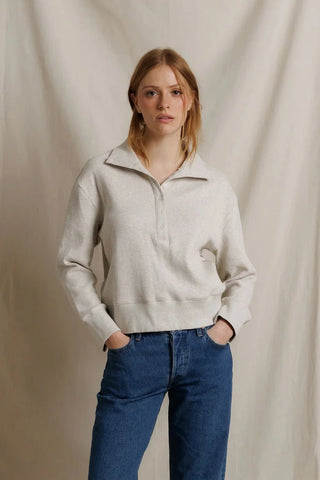 Perfect White Tee Zia Waffle Knit Popover Pullover Oatmeal. Model is posing in product. 
