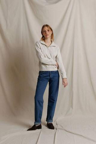 Perfect White Tee Zia Waffle Knit Popover Pullover Oatmeal. Model is posing in product. 