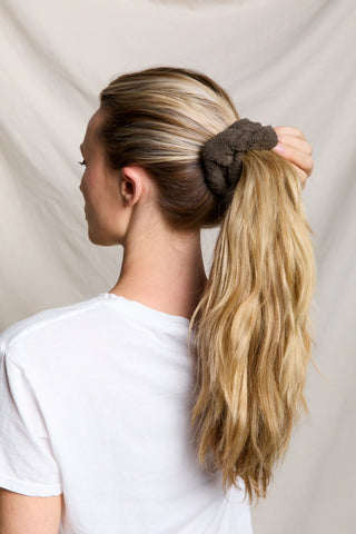 Perfect White Tee Ziggy Fleece Scrunchie Dark Olive. Model is wearing scrunchie. 