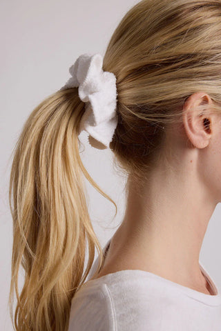 Perfect White Tee Ziggy Fleece Scrunchie White. Scrunchie is in model's hair. 