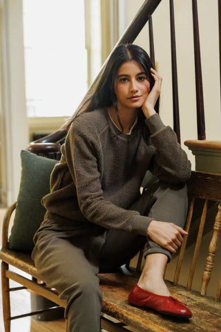 Perfect White Tee Ziggy Reverse Fleece Shrunken Crew Neck Sweatshirt Dark Olive. Model is posing while wearing the product.