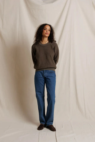 Perfect White Tee Ziggy Reverse Fleece Shrunken Crew Neck Sweatshirt Dark Olive. Model is posing while wearing the product posed on a white background.