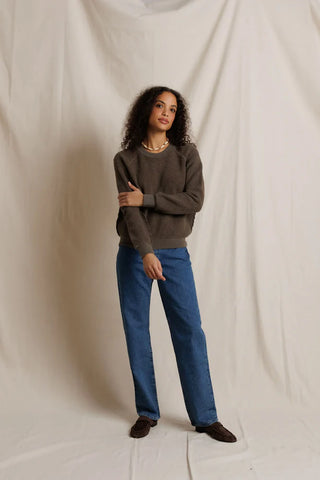 Perfect White Tee Ziggy Reverse Fleece Shrunken Crew Neck Sweatshirt Dark Olive. Model is posing while wearing the product posed on a white background.