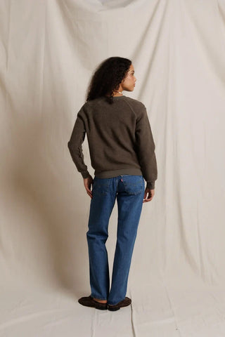Perfect White Tee Ziggy Reverse Fleece Shrunken Crew Neck Sweatshirt Dark Olive. Model is posing while wearing the product posed on a white background.