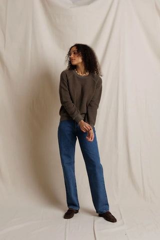 Perfect White Tee Ziggy Reverse Fleece Shrunken Crew Neck Sweatshirt Dark Olive. Model is posing while wearing the product posed on a white background.