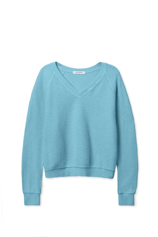 Perfect White Tee Zuri Ziggy Reverse Fleece V-Neck Sweatshirt Milky Blue. Product is shot on white background. 