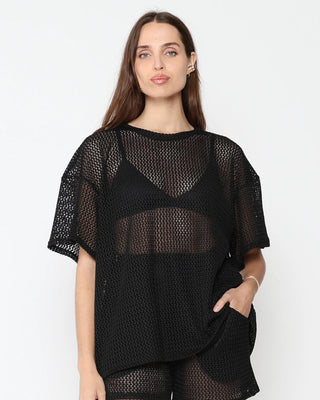 Ripley Rader Black Fishnet Big Shirt. Model is wearing product posing on a white background.