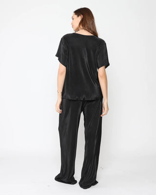 Ripley Rader Black Micropleat Lounge Pant. Model is posing with her back to the camera on a white background. 