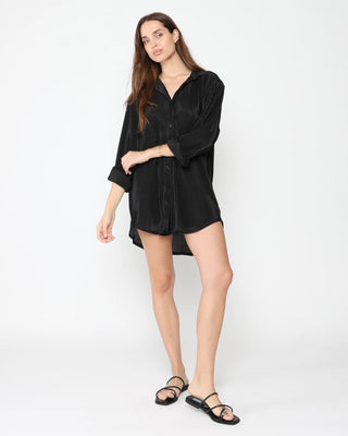 Ripley Rader Black Micropleat Oversized Button Down. Model is wearing the product posing on white background. 