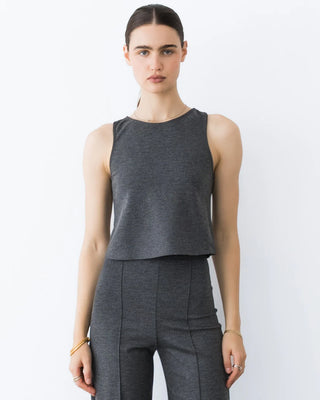 Ripley Rader Charcoal Ponte Knit Tank Top. Model is wearing the top and is posing in front of a white background. 