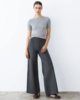 Ripley Rader Charcoal Ponte Knit Wide Leg Pant-Standard. Model is wearing the product and is posed in front of a white background.