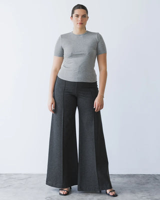Ripley Rader Charcoal Ponte Knit Wide Leg Pant-Standard. Model is wearing the product and is posed in front of a white background.