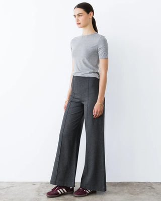 Ripley Rader Charcoal Ponte Knit Wide Leg Pant-Standard. Model is wearing the product and is posed in front of a white background.