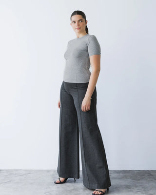 Ripley Rader Charcoal Ponte Knit Wide Leg Pant-Standard. Model is wearing the product and is posed in front of a white background.