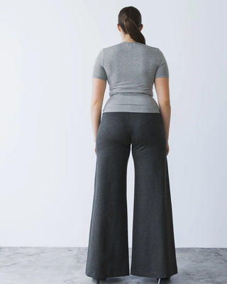 Ripley Rader Charcoal Ponte Knit Wide Leg Pant-Standard. Model is wearing the product and is posed in front of a white background.