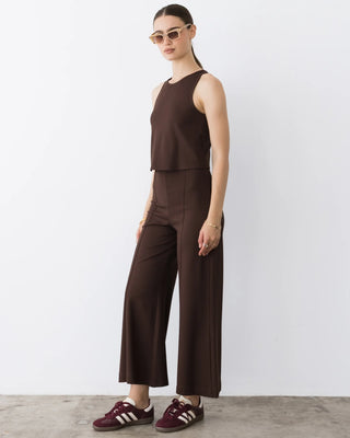 Ripley Rader Chocolate Ponte Knit Cropped Wide Leg Pant. Model is posing on white background in product. 