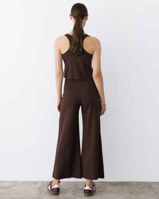 Ripley Rader Chocolate Ponte Knit Cropped Wide Leg Pant. Model is turned around wearing pants. 